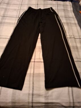 Wide Leg Black Track Pants with White Side Stripe